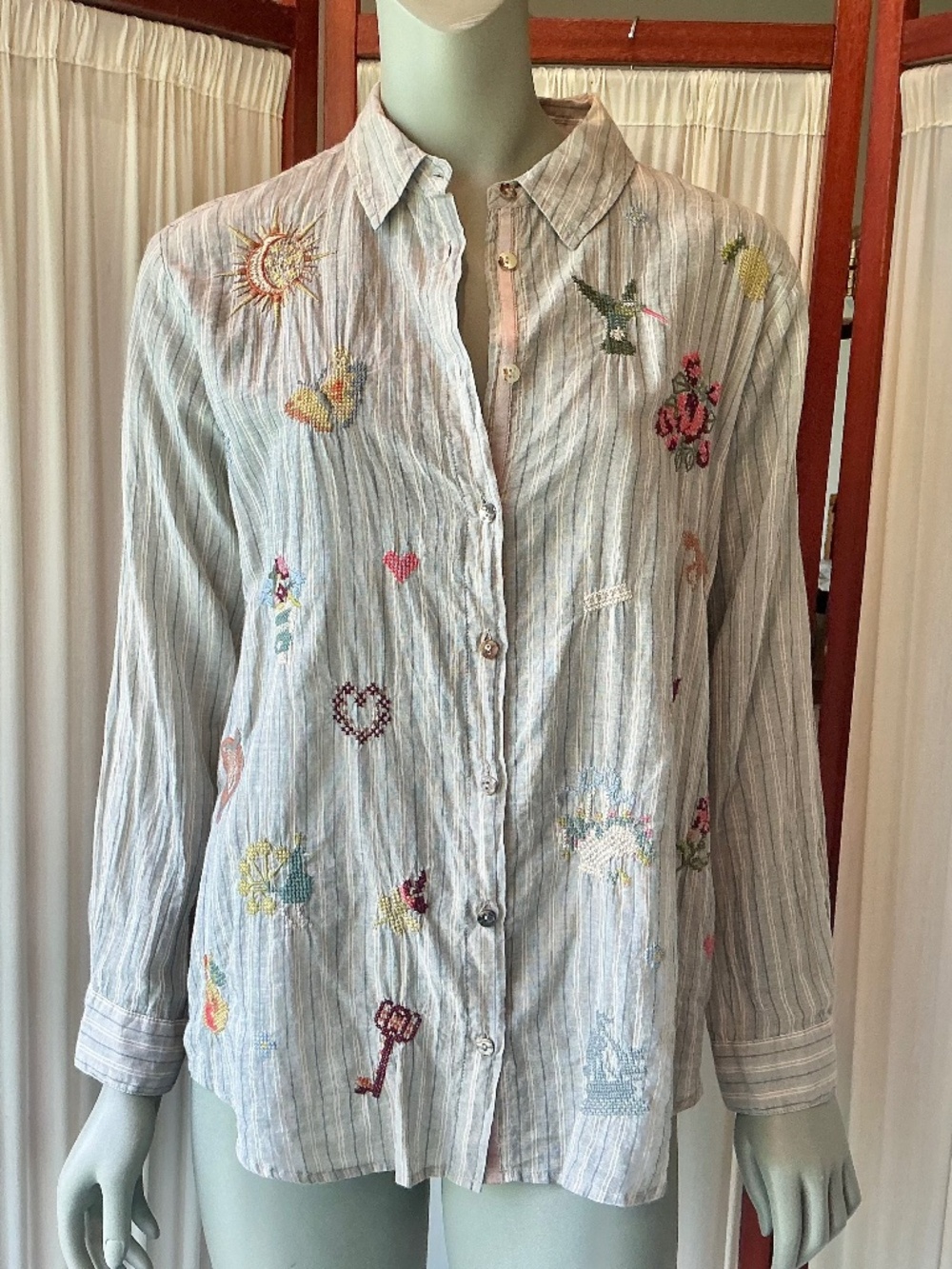 Johnny Was ALEXANDRIA Striped Shirt Embroidered Cross-Stitched Cotton Size Small
